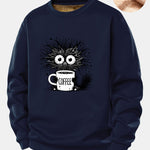 Black Cat Drinking Coffee Print Teddy Fleece Lined Sweatshirt
