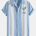 Vintage Martini Cocktail  Print Linen Look Patchwork Bowling Shirt