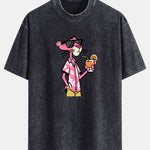 Vacation Pink Panther Print Washed Distressed Drop Shoulder T-Shirt