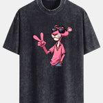 Pink Panther With V Sign Print Washed Distressed Drop Shoulder T-Shirt