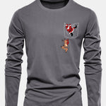 Long Sleeve Pocket Santa Print Cotton T-Shirt