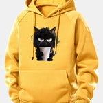 Black Cat Drinking Coffee Print Drawstring Hoodie