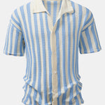 Drop Shoulder Stripe Crochet Shirt & Straight Leg Linen Pants