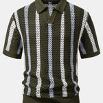 Striped Crochet V Neck Polo & Straight Leg Linen Pants