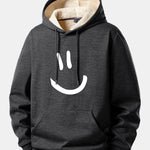 Smiley Face Print Teddy Fleece Lined Drawstring Hoodie