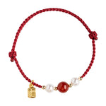 Buddha Stones 925 Sterling Silver Good Fortune Fu Character Agate Pearl Red String Braid Bracelet (Extra 30% Off | USE CODE: FS30)