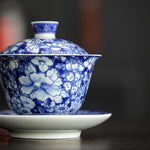 Buddha Stones Vintage Blue And White Porcelain Ceramic Gaiwan Sancai Teacup Kung Fu Tea Cup And Saucer With Lid