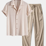 Short Sleeve Knitted Waffle Cuban Shirt & Crinkle Textured Straight Leg Pants