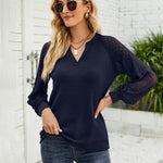 Zeagoo V Neck Tops Solid Color Blouse Long Sleeve Pullover Lace Patchwork Shirt