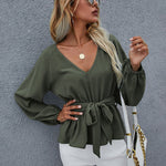 Zeagoo V Neck Leisure Long Lantern Sleeve Belt Solid Shirt Tops