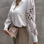 Zeagoo Elegant Lace V-NeckShirt Solid Color Hollow Out Long Sleeve Patchwork Blouse