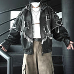 Patchwork Leather Distressed Frayed Edge Denim Hooded Jacket