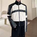 Black and White Stitching PU Leather Short Jacket