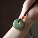 Buddha Stones Natural Round Jade Peace Buckle Lotus Abundance String Necklace Pendant