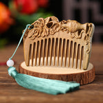 Buddha Stones Green Sandalwood Fox Peony Flower Lotus Engraved Cure Tassel Comb