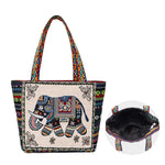 Buddha Stones Elephant Butterfly Embroidered Large Capacity Canvas Tote Bag Shoulder Bag