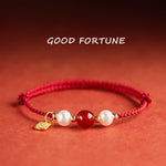 Buddha Stones 925 Sterling Silver Good Fortune Fu Character Agate Pearl Red String Braid Bracelet (Extra 30% Off | USE CODE: FS30)