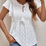 Zeagoo Eyelet Tie-Neck Flutter-Sleeve Top Solid Color Casual Blouse for Women Casual Work Office Loose Fit 2026 | Under $40