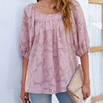 Zeagoo Quare Neck Babydoll Tops 3/4 Puff Sleeve Lace Blouse Summer Floral Textured Shirts