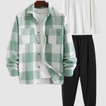 Men's plaid Wool Blend long-sleeved shirt basic base T-shirt casual sweatpants three-piece set