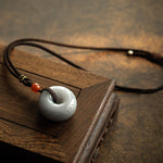 Buddha Stones Natural Round Jade Gray Jade Peace Buckle Luck Necklace Pendant