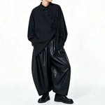 Japanese Asymmetric Long-sleeve Shirt Loose Wide-leg PU Leather Pants Two-piece Set