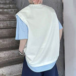 Faux Two-Piece Spliced Beaded Shoulder-Pad Short-Sleeve T-Shirt