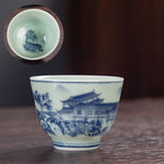 Buddha Stones Blue Landscape Mountains Lotus Cute Cat Pavilions Magnolia Reed Egrets Ceramic Teacup Small Kung Fu Tea Cup