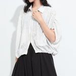 Women Pleated Textured Zip-up Collar Shirt