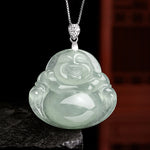 Buddha Stones Natural Jade Laughing Buddha Prosperity Abundance Titanium Steel Chain Necklace Pendant
