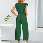 Zeagoo Women's Casual Loose Jumpsuit V Neck Sleeveless Solid Ruffle Pleated Wide-leg Long Playsuit with Belt