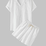 Men's solid color cotton-linen casual vacation short-sleeved shirt and shorts set