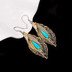Buddha Stones 925 Sterling Silver Turquoise Bodhi Leaf Pattern Protection Drop Dangle Earrings
