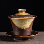 Buddha Stones Vintage Brown Kiln Change Design Porcelain Ceramic Gaiwan Sancai Teacup Kung Fu Tea Cup And Saucer With Lid