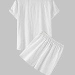 Men's solid color cotton-linen casual vacation short-sleeved shirt and shorts set
