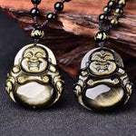 Buddha Stones Laughing Buddha Gold Sheen Obsidian Wealth Necklace Pendant