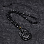 Buddha Stones Natural Black Obsidian Koi Fish Lotus Strength Beaded Necklace Pendant