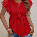 Zeagoo Eyelet Tie-Neck Flutter-Sleeve Top Solid Color Casual Blouse for Women Casual Work Office Loose Fit 2026 | Under $40