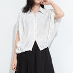 Women Pleated Textured Zip-up Collar Shirt