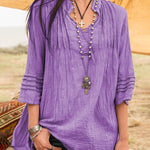 Zeagoo Solid V-Neck Tees Lace Splicing Fold Blouse Flowy Casual Loose Fit Shirt