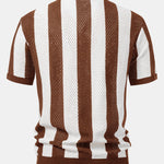 Striped Eyelet Knit Zip Up Polo Shirt