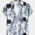 Cartoon Cat Print Button Up Shirt & Drawstring Swim Shorts