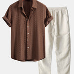 Geometry Rhombus Jacquard Button Up Shirt & Straight Leg Linen Pants