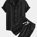 Floral Checkerboard Jacquard Cuban Shirt & Linen Cotton Blend Drawstring Shorts