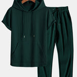Kangaroo Pocket Ribbed Hooded T-Shirt & Straight Leg Ribbed Pants