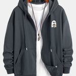 Ghost Drinking Coffee Print Relax Fit Zip Hoodie