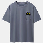 Pocket Cat Print Drop Shoulder Oversize T-Shirt