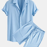 Muscle Fit Ribbed Deep Cuban Shirt & Drawstring Ribbed Shorts