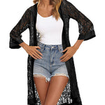 Zeagoo Women Lace Crochet Coverups Open Front Cardigan Sheer Cover Up 3/4 Sleeve Kimono (US Only)