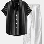 Cotton Blend Striped Stand Collar Shirt & Straight Leg Linen Pants